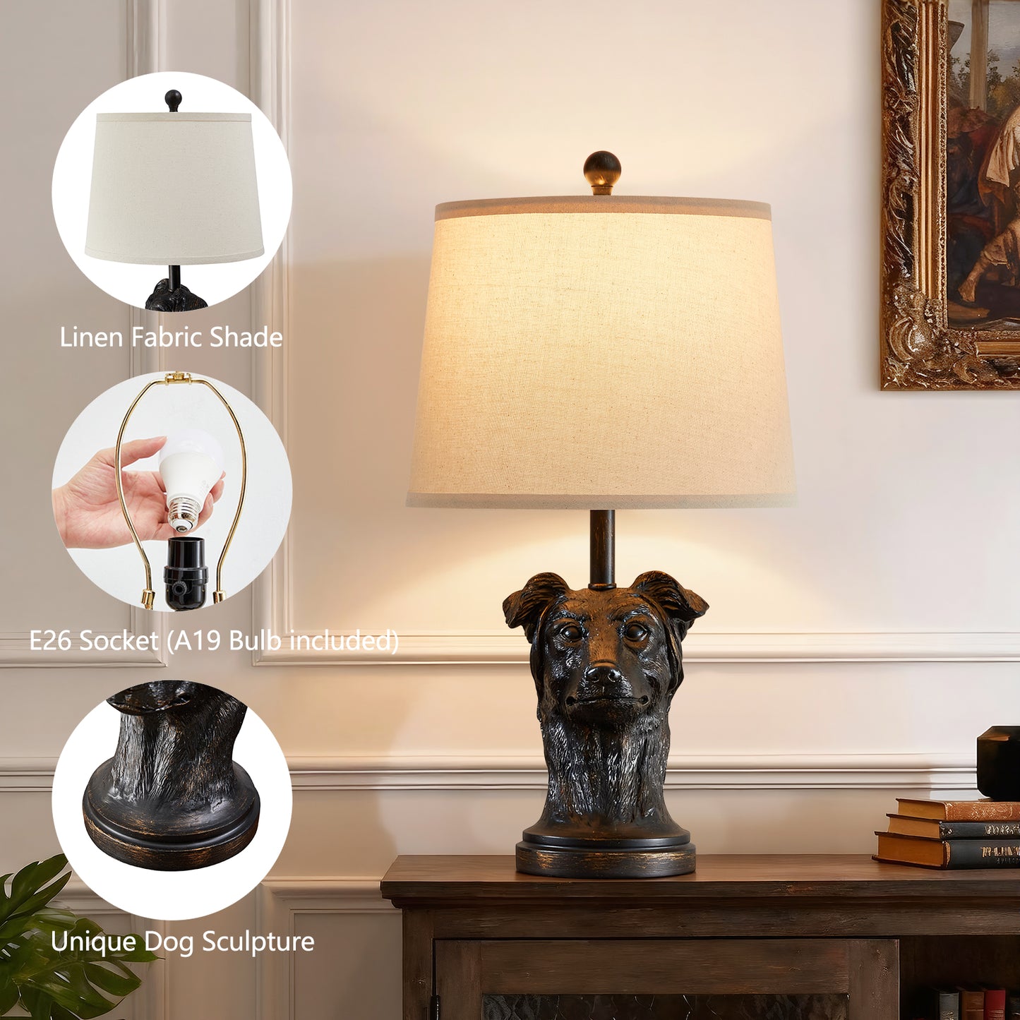 NATYSWAN Modern Table Lamp with Linen Shade, 24 inch Bedside Lamp with Rotary Switch & Included 9W LED Bulb for Nightstand, Living Room