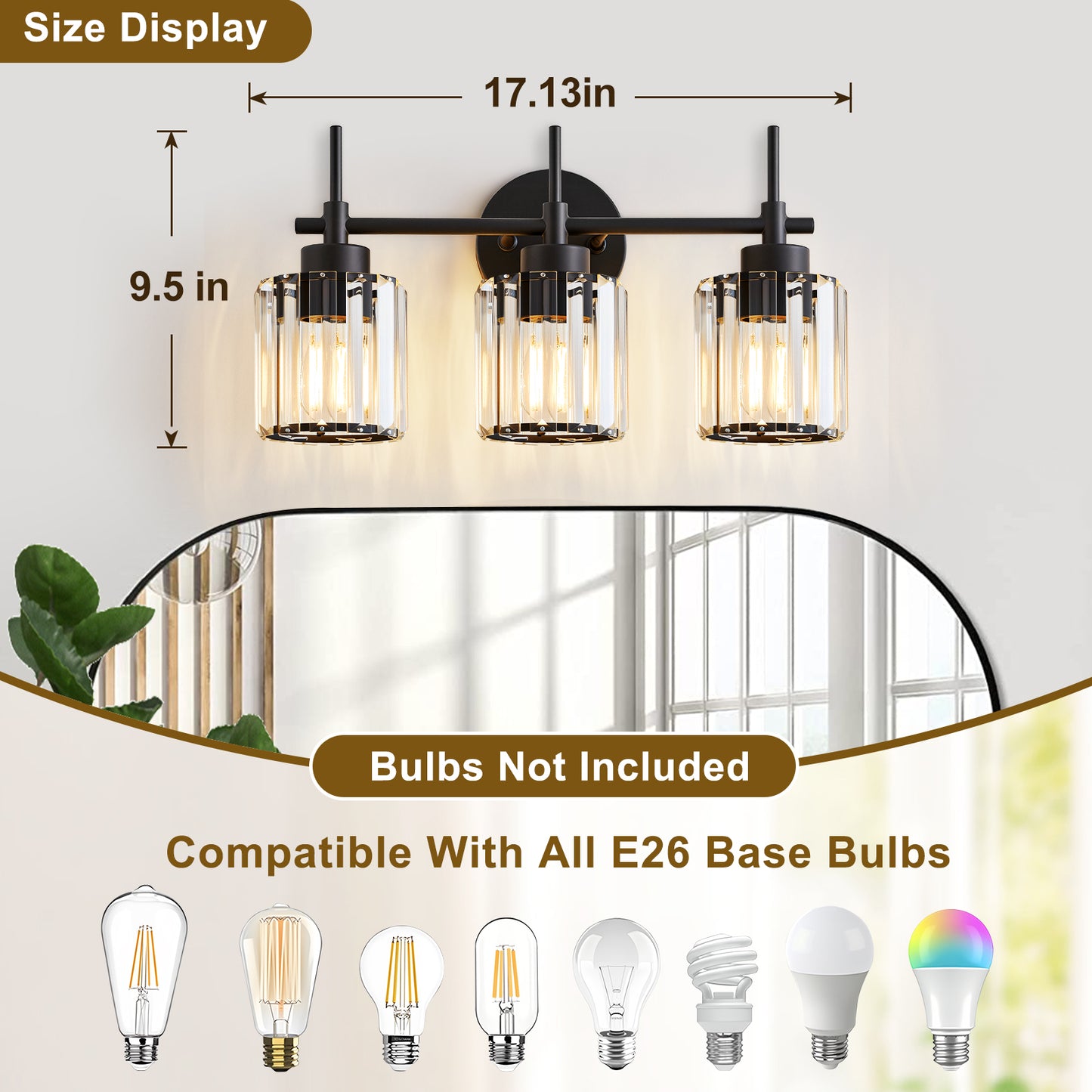 3 Light Crystal Vanity Light(Bulbs Not Included), Bathroom Lighting Fixtures Over Mirror Black Crystal Wall Light Bath Wall Lighting Modern Bath Wall Sconce Lighting for Bedroom Living Room