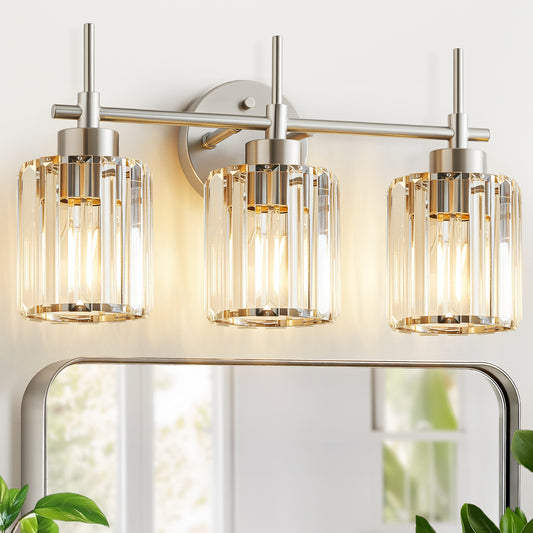 3 Light Crystal Bathroom Light Fixtures(Bulbs Not Included), Brushed Nickel Vanity Mirror Lights, Crystal Bath Vintage Wall Mounted Lamps Wall Light Fixtures for Bathroom, Living Room