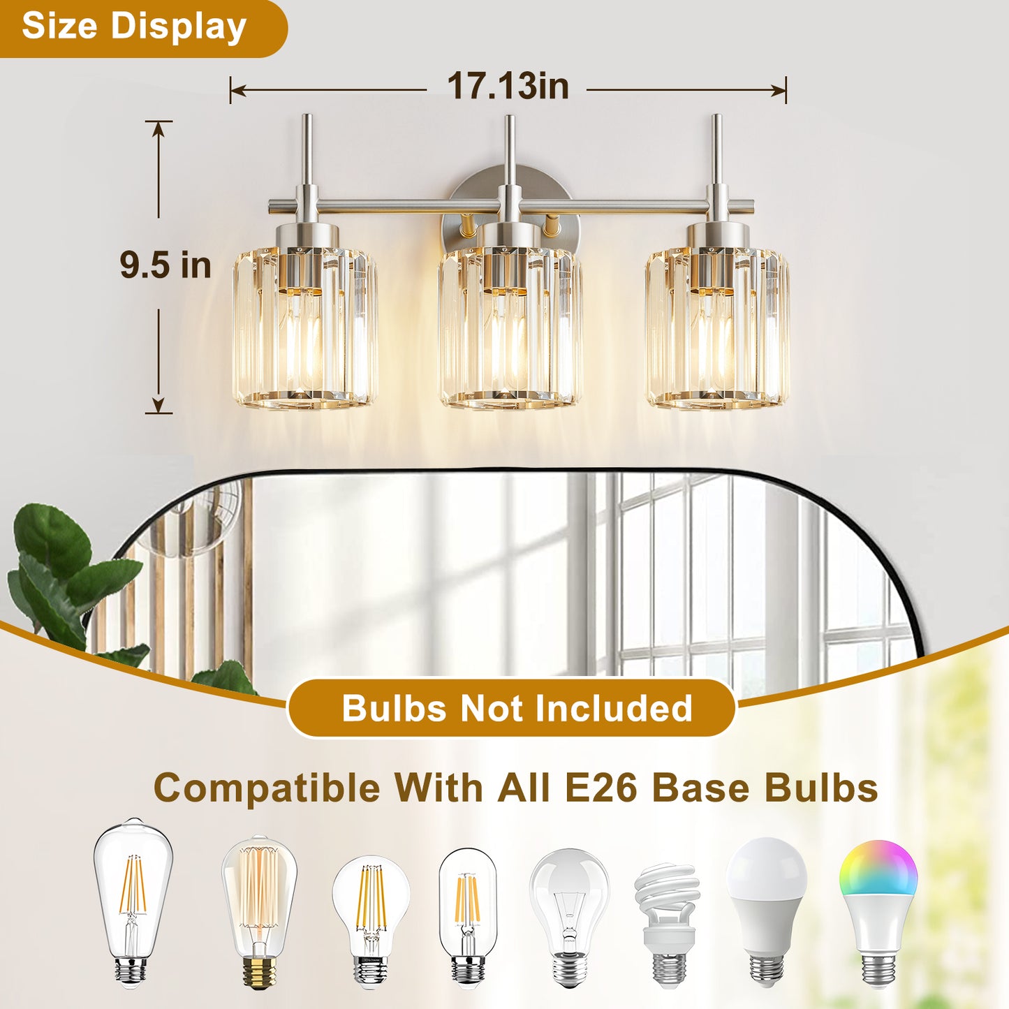 3 Light Crystal Bathroom Light Fixtures(Bulbs Not Included), Brushed Nickel Vanity Mirror Lights, Crystal Bath Vintage Wall Mounted Lamps Wall Light Fixtures for Bathroom, Living Room