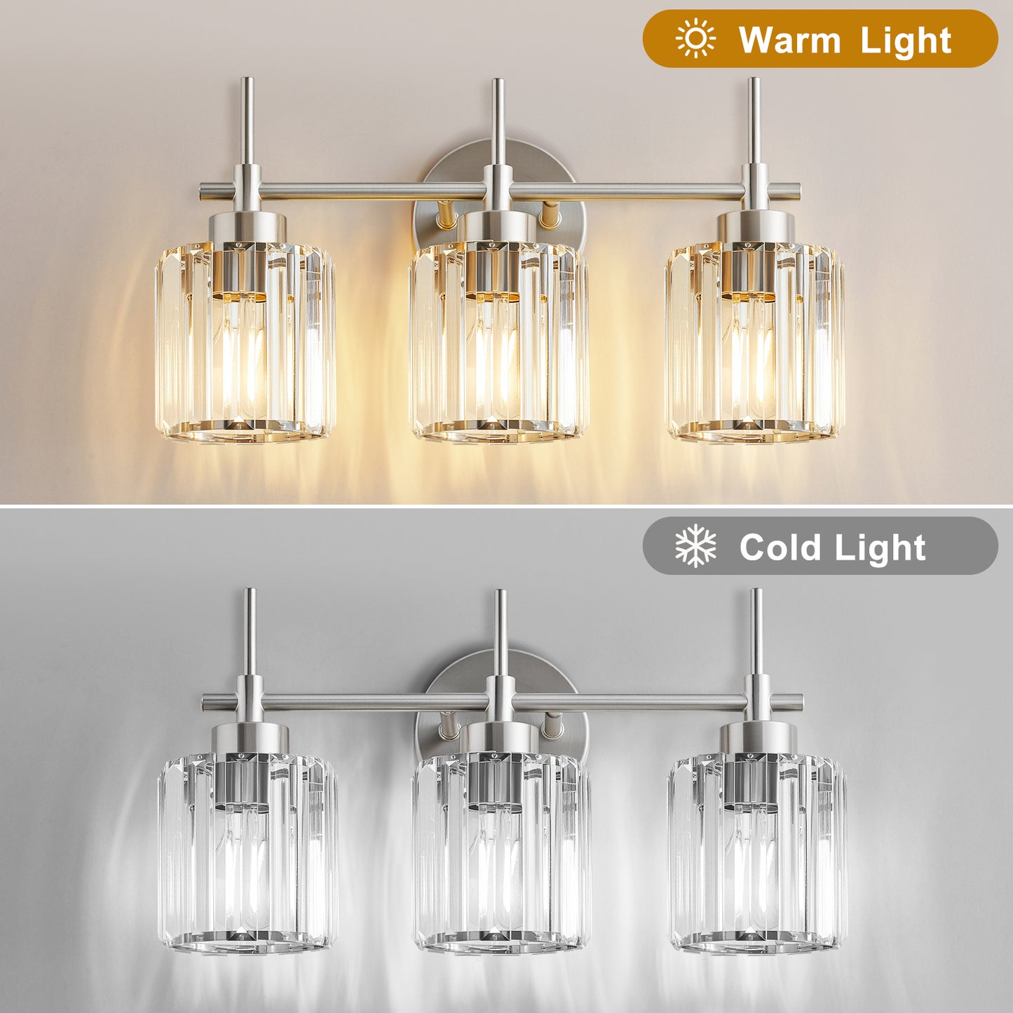 3 Light Crystal Bathroom Light Fixtures(Bulbs Not Included), Brushed Nickel Vanity Mirror Lights, Crystal Bath Vintage Wall Mounted Lamps Wall Light Fixtures for Bathroom, Living Room