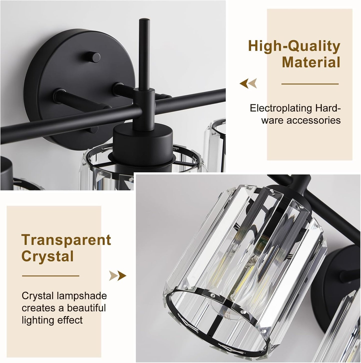 4 Light Round Crystal Vanity Lights(Bulbs Not Included), Modern Black Crystal Wall Light Bath Mirror Light Fixture Over Mirror Bathroom Wall Sconces for Bathroom Living Room