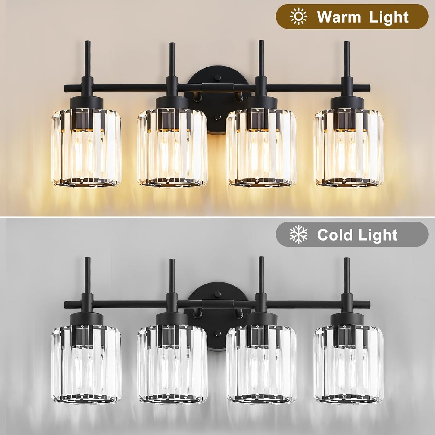 4 Light Round Crystal Vanity Lights(Bulbs Not Included), Modern Black Crystal Wall Light Bath Mirror Light Fixture Over Mirror Bathroom Wall Sconces for Bathroom Living Room