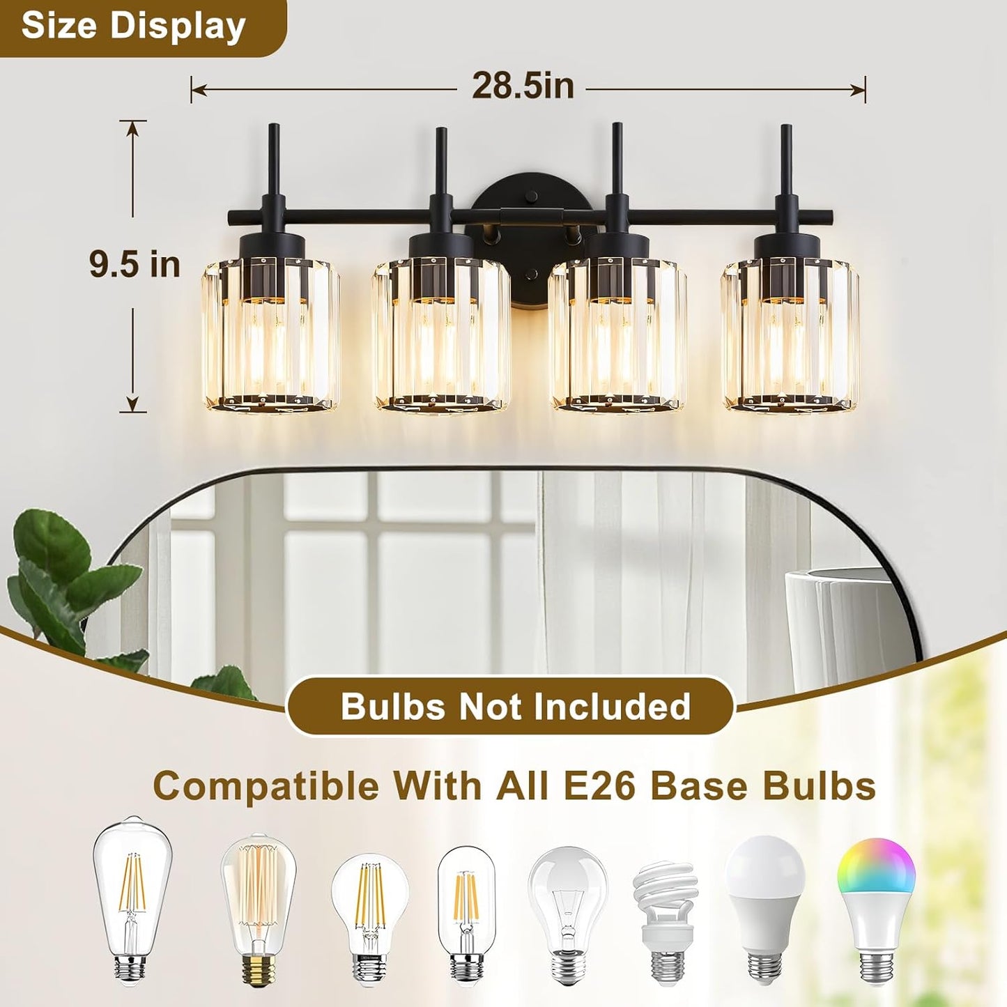 4 Light Round Crystal Vanity Lights(Bulbs Not Included), Modern Black Crystal Wall Light Bath Mirror Light Fixture Over Mirror Bathroom Wall Sconces for Bathroom Living Room