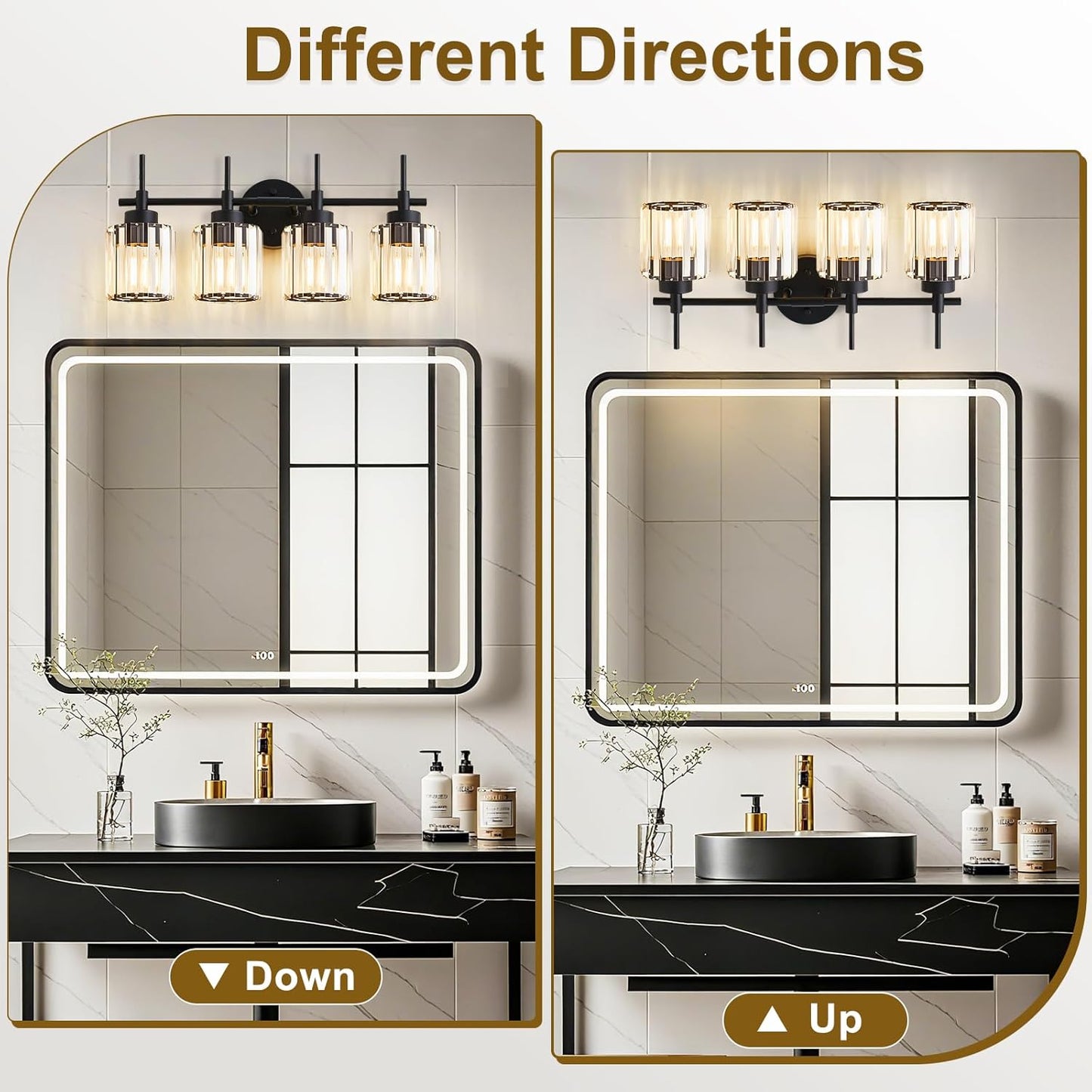 4 Light Round Crystal Vanity Lights(Bulbs Not Included), Modern Black Crystal Wall Light Bath Mirror Light Fixture Over Mirror Bathroom Wall Sconces for Bathroom Living Room