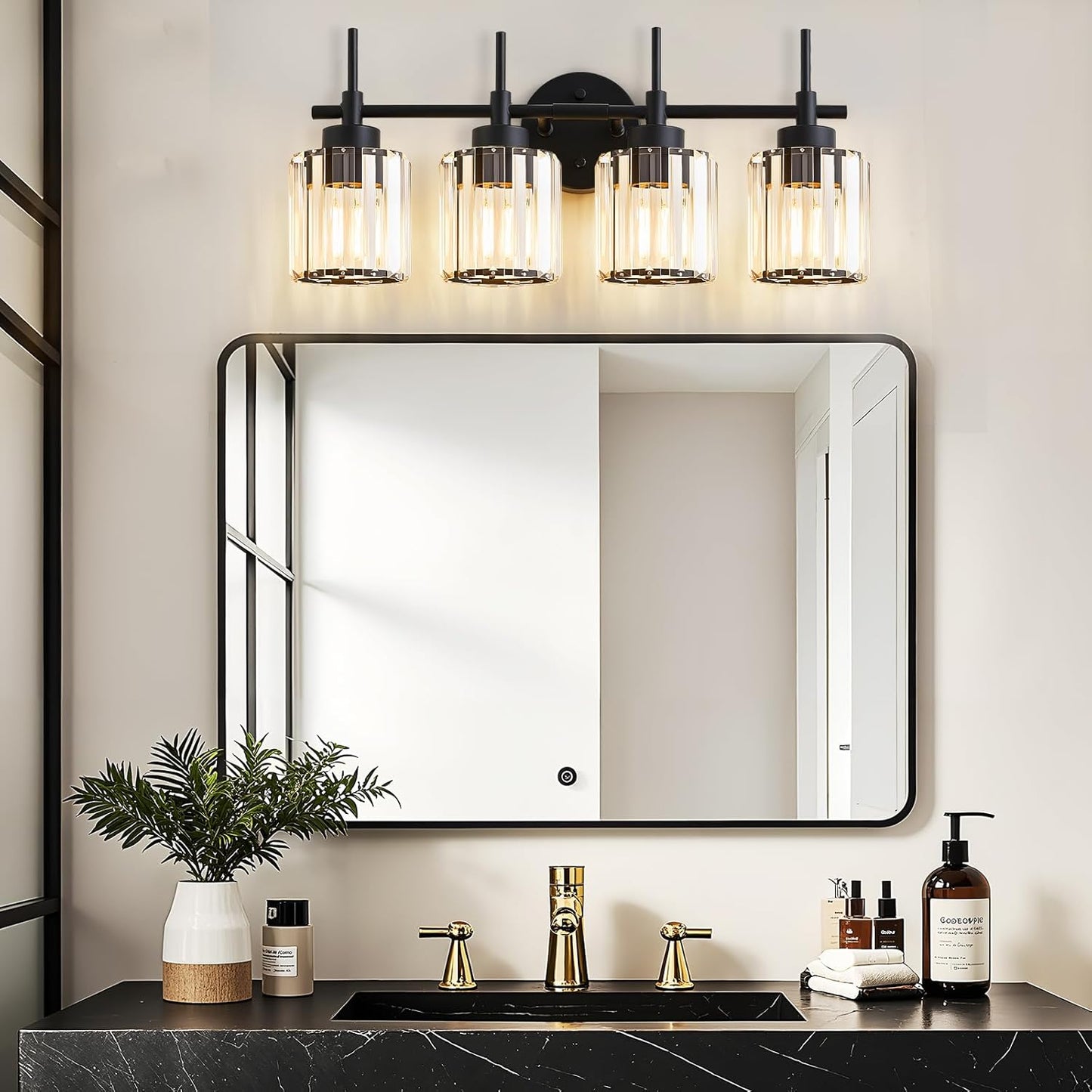 4 Light Round Crystal Vanity Lights(Bulbs Not Included), Modern Black Crystal Wall Light Bath Mirror Light Fixture Over Mirror Bathroom Wall Sconces for Bathroom Living Room