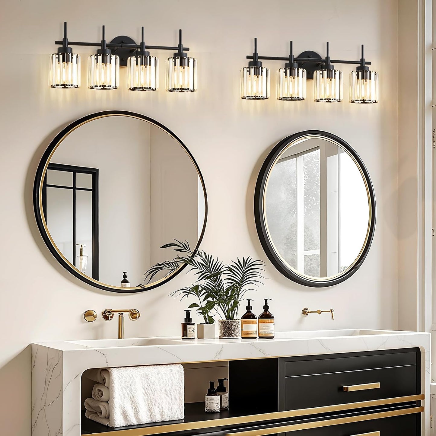 4 Light Round Crystal Vanity Lights(Bulbs Not Included), Modern Black Crystal Wall Light Bath Mirror Light Fixture Over Mirror Bathroom Wall Sconces for Bathroom Living Room