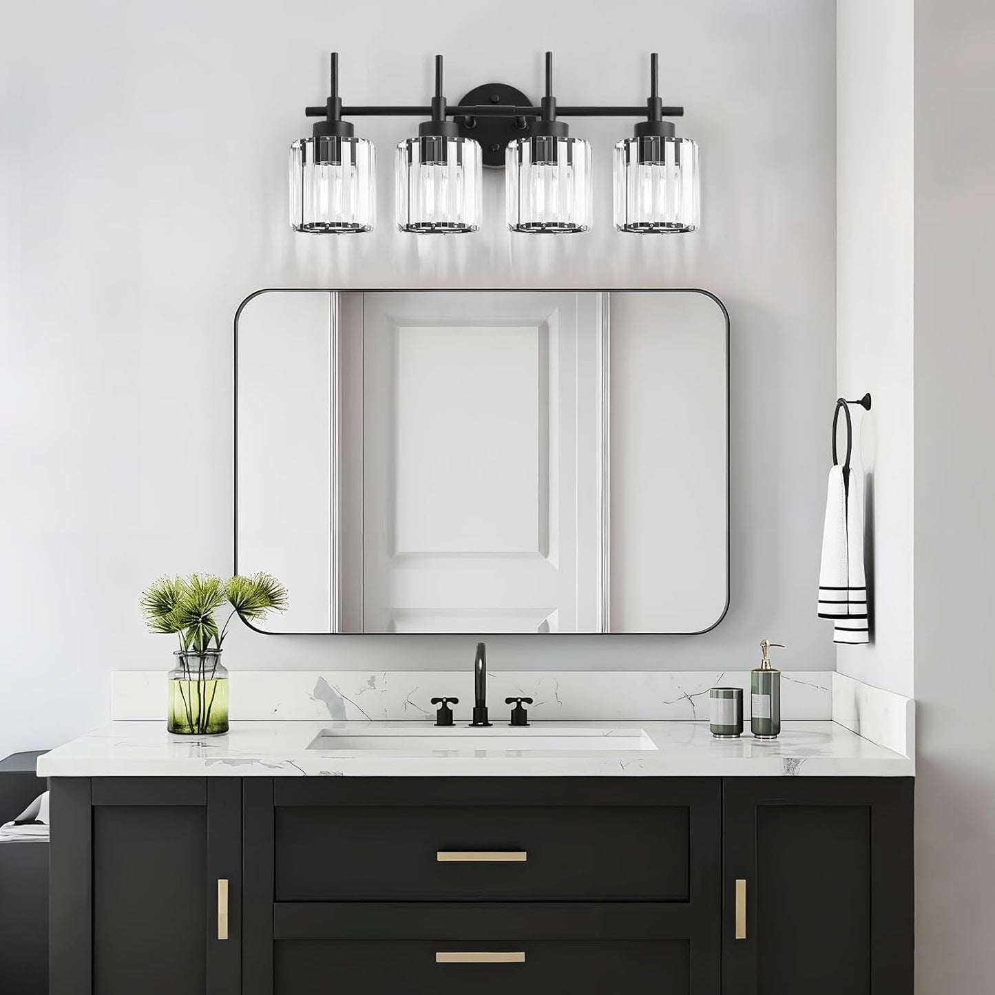 4 Light Round Crystal Vanity Lights(Bulbs Not Included), Modern Black Crystal Wall Light Bath Mirror Light Fixture Over Mirror Bathroom Wall Sconces for Bathroom Living Room