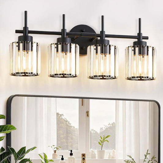 4 Light Round Crystal Vanity Lights(Bulbs Not Included), Modern Black Crystal Wall Light Bath Mirror Light Fixture Over Mirror Bathroom Wall Sconces for Bathroom Living Room