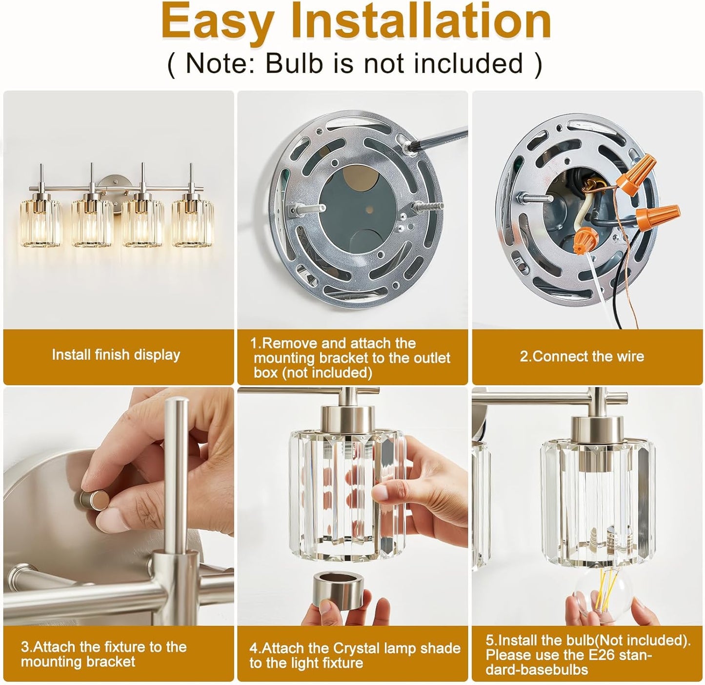 NATYSWAN Crystal Bathroom Vanity Lights(Bulbs Not Included), 4 Light Bath Mirror Light Brushed Nickel Round Crystal Wall Mount Light Fixture Over Mirror Morden for Living Room