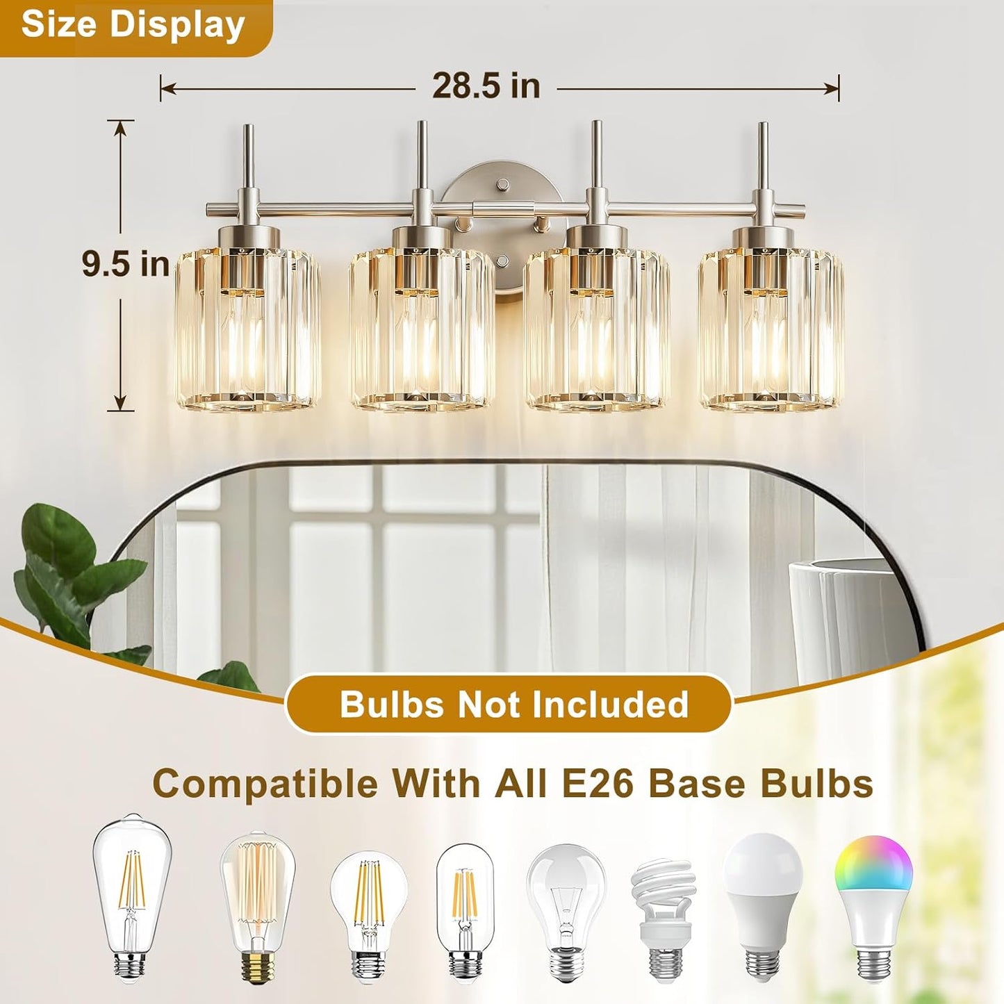 NATYSWAN Crystal Bathroom Vanity Lights(Bulbs Not Included), 4 Light Bath Mirror Light Brushed Nickel Round Crystal Wall Mount Light Fixture Over Mirror Morden for Living Room