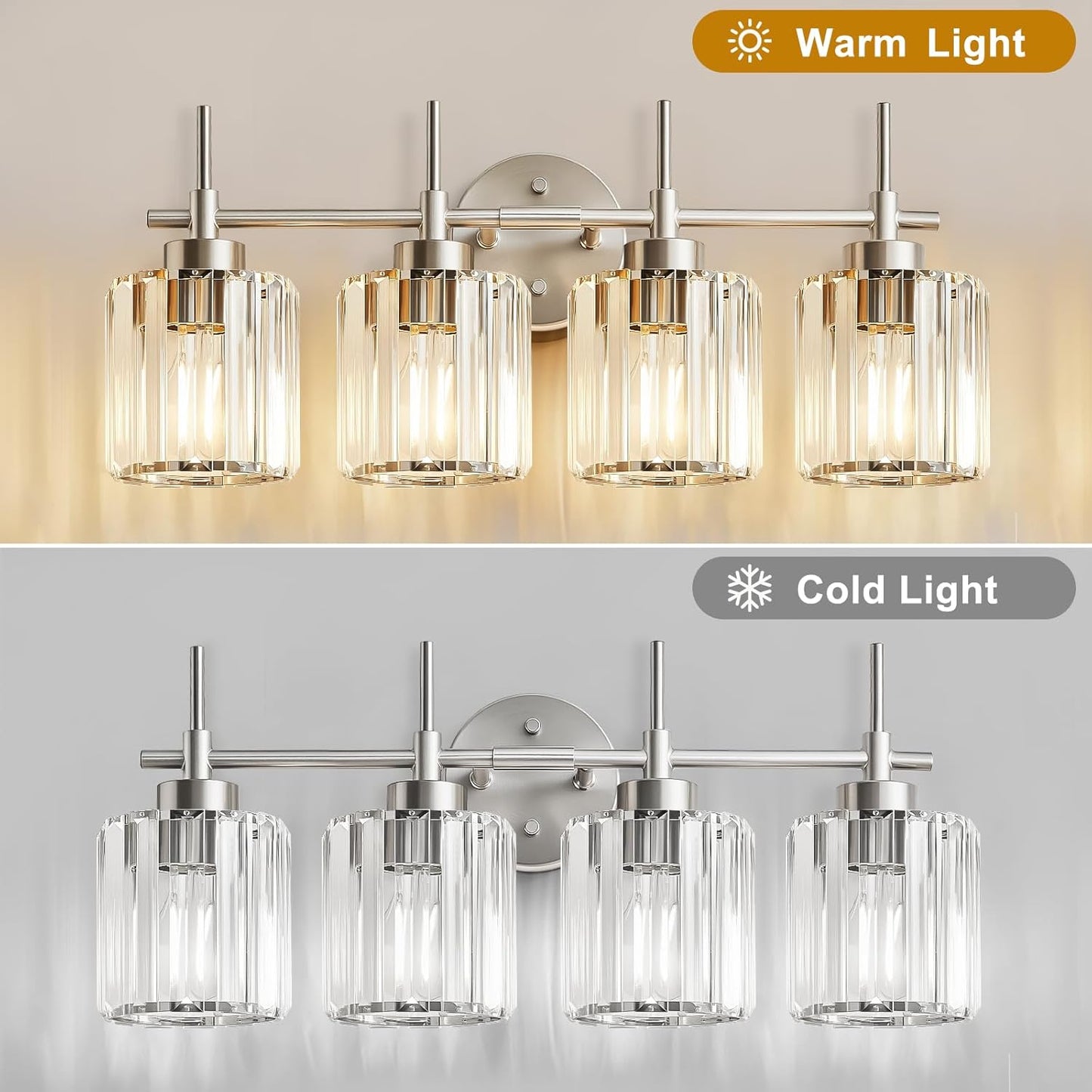 NATYSWAN Crystal Bathroom Vanity Lights(Bulbs Not Included), 4 Light Bath Mirror Light Brushed Nickel Round Crystal Wall Mount Light Fixture Over Mirror Morden for Living Room