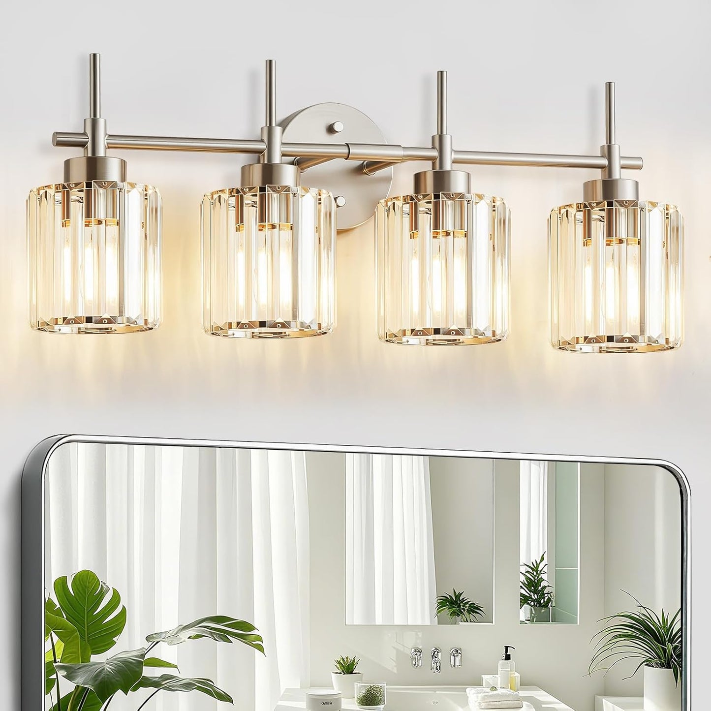 NATYSWAN Crystal Bathroom Vanity Lights(Bulbs Not Included), 4 Light Bath Mirror Light Brushed Nickel Round Crystal Wall Mount Light Fixture Over Mirror Morden for Living Room