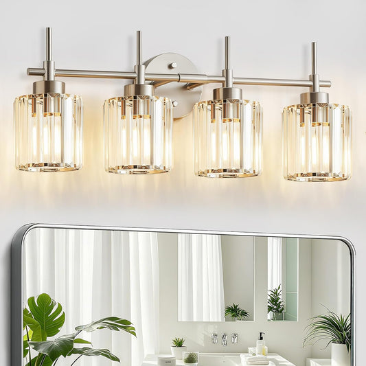 NATYSWAN Crystal Bathroom Vanity Lights(Bulbs Not Included), 4 Light Bath Mirror Light Brushed Nickel Round Crystal Wall Mount Light Fixture Over Mirror Morden for Living Room
