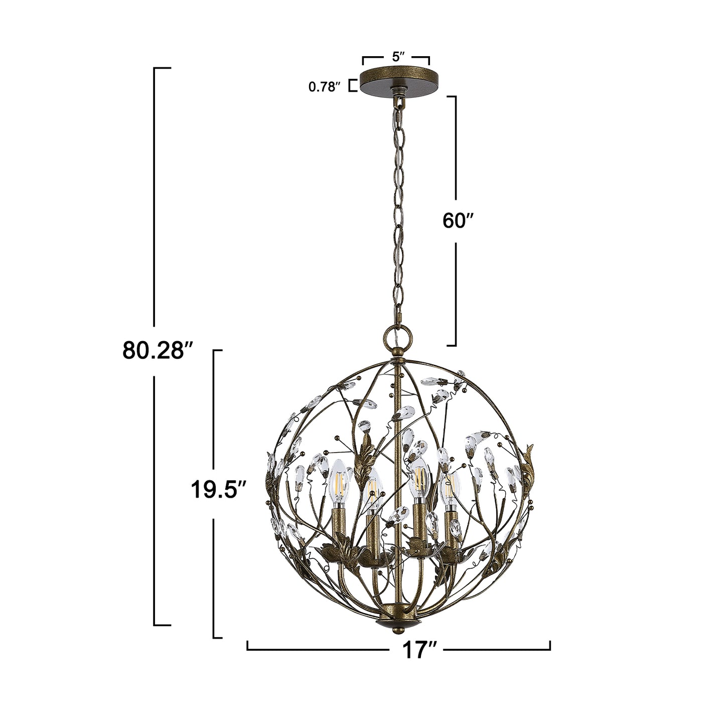NATYSWAN Crystal Chandelier Ceiling Light with 4 Lights (Bulbs Not Included), E12 Base Max 60W Each, USB-A & USB-C Charging Ports, 60 inch Chain, for Indoor Dining Room, Foyer, Kitchen