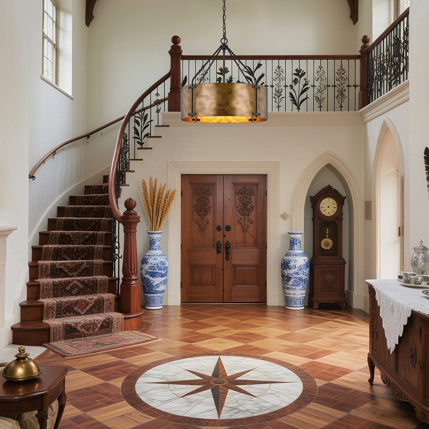 NATYSWAN 22 inch Industrial Cage Ceiling Light with 4 Lights (Bulbs Not Included), E27 Base Max 100W Each, Dual USB-A & C Charging Ports, 60 Inch Chain, for Kitchen, Dining Room, Farmhouse Indoor