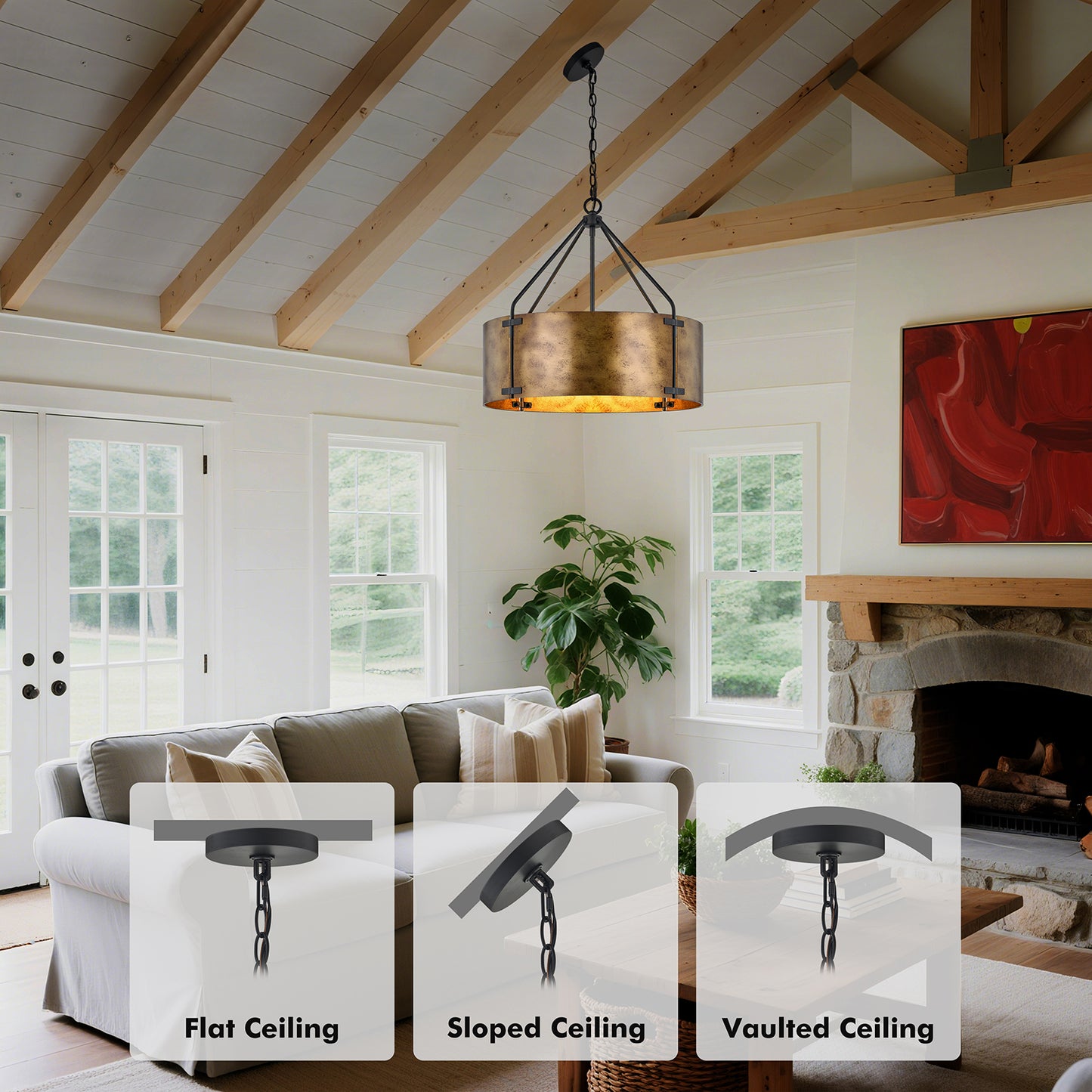 NATYSWAN 22 inch Industrial Cage Ceiling Light with 4 Lights (Bulbs Not Included), E27 Base Max 100W Each, Dual USB-A & C Charging Ports, 60 Inch Chain, for Kitchen, Dining Room, Farmhouse Indoor