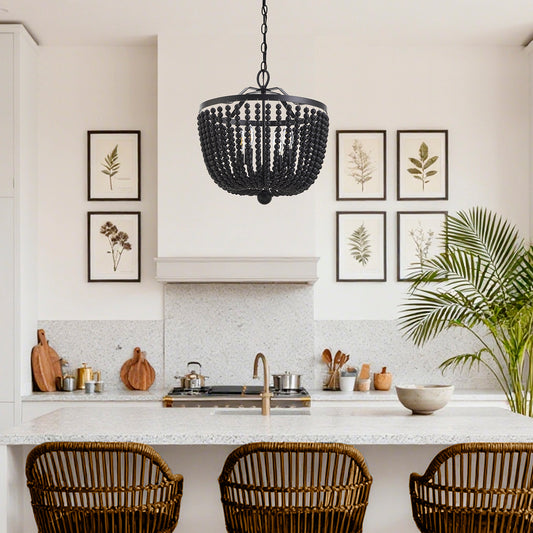 NATYSWAN Vintage Metal Chandelier with Beaded Strings, 16.5 inch Wide 4-Light Ceiling Fixture for Dining Room & Bedroom, E27 Socket（Bulb Not Included）