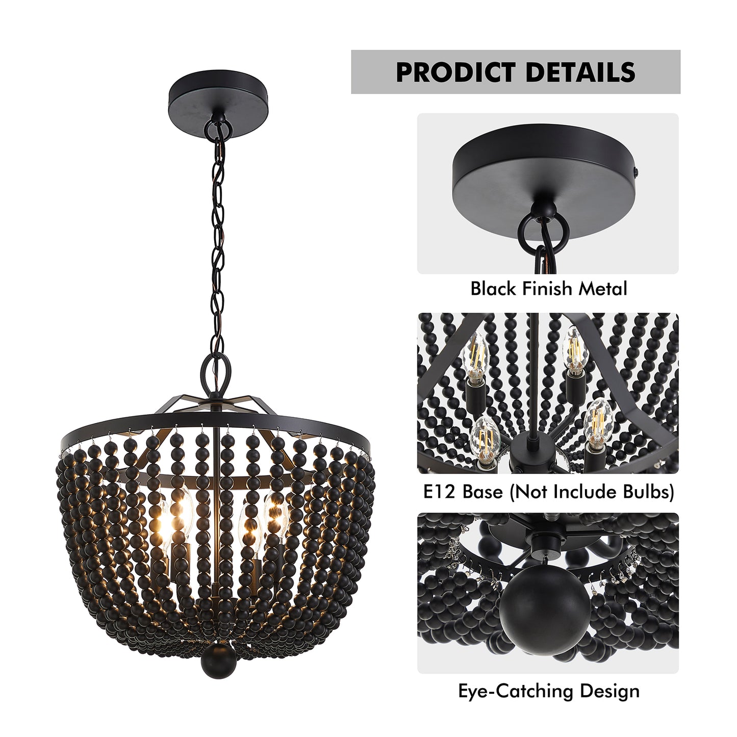 NATYSWAN Vintage Metal Chandelier with Beaded Strings, 16.5 inch Wide 4-Light Ceiling Fixture for Dining Room & Bedroom, E27 Socket（Bulb Not Included）
