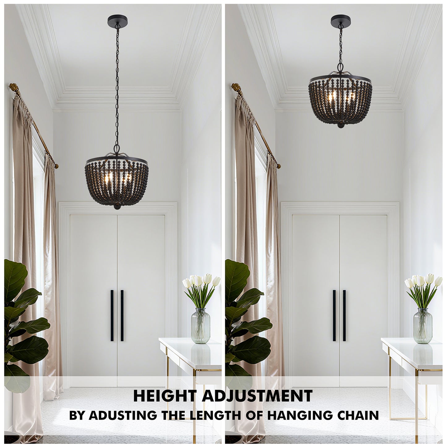 NATYSWAN Vintage Metal Chandelier with Beaded Strings, 16.5 inch Wide 4-Light Ceiling Fixture for Dining Room & Bedroom, E27 Socket（Bulb Not Included）