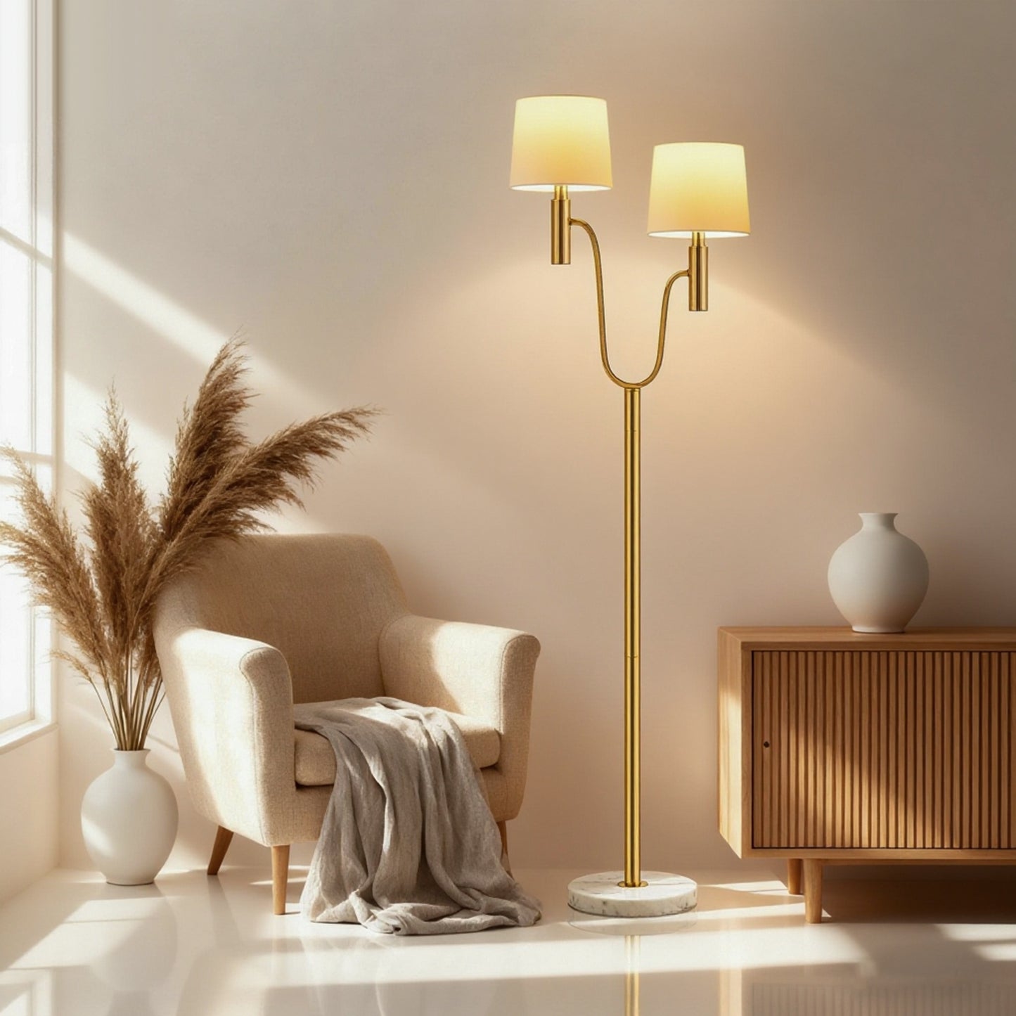 NATYSWAN marble base dual head floor lamp with 2 9W LED bulbs and pedal switch, modern light luxury style, suitable for living room and bedroom