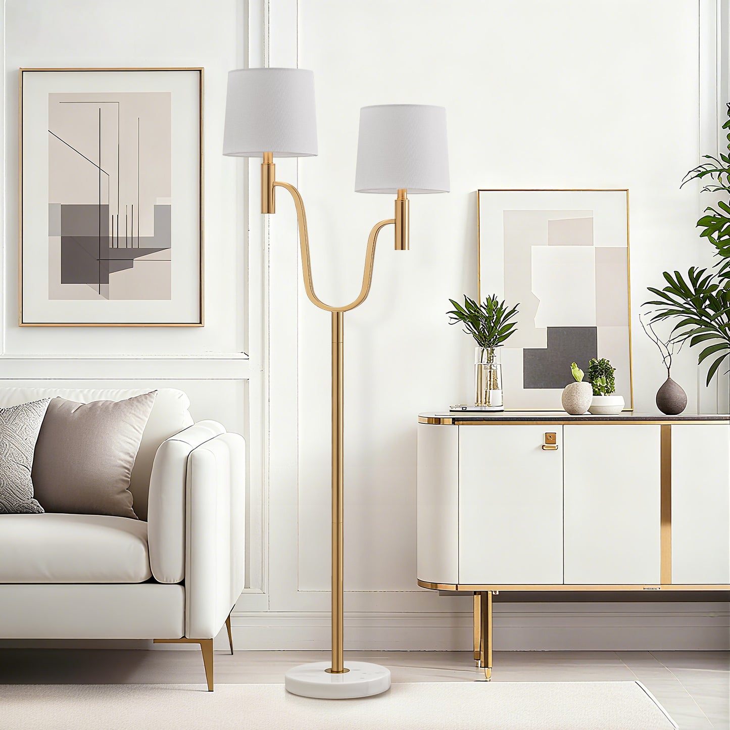 NATYSWAN marble base dual head floor lamp with 2 9W LED bulbs and pedal switch, modern light luxury style, suitable for living room and bedroom