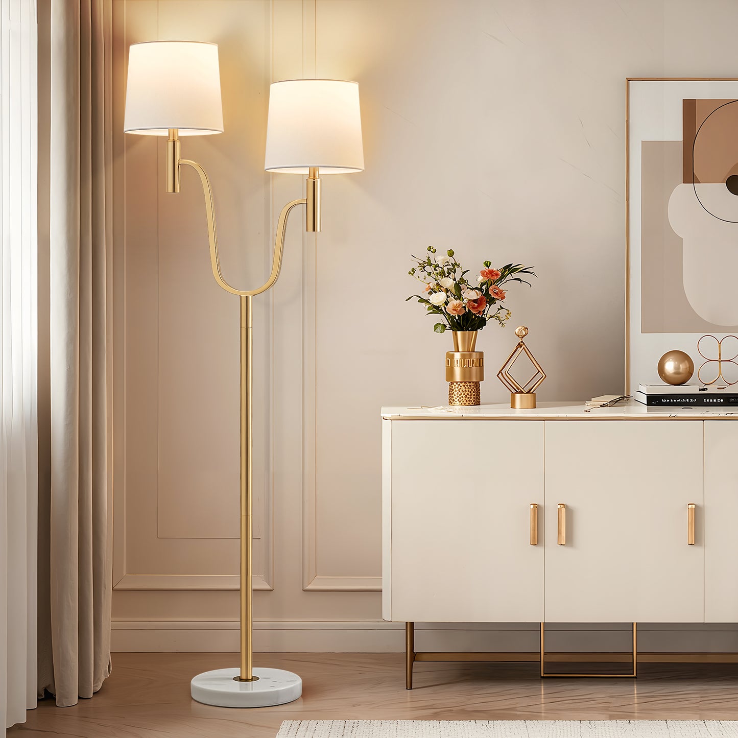 NATYSWAN marble base dual head floor lamp with 2 9W LED bulbs and pedal switch, modern light luxury style, suitable for living room and bedroom