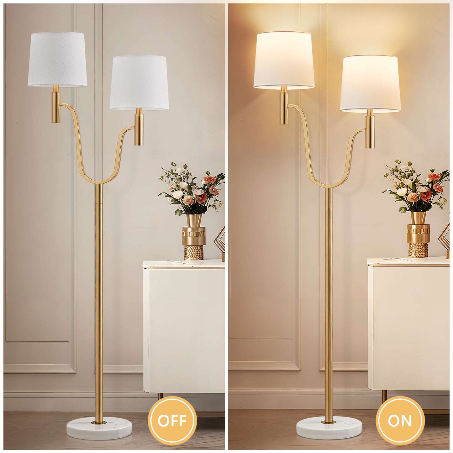 NATYSWAN marble base dual head floor lamp with 2 9W LED bulbs and pedal switch, modern light luxury style, suitable for living room and bedroom