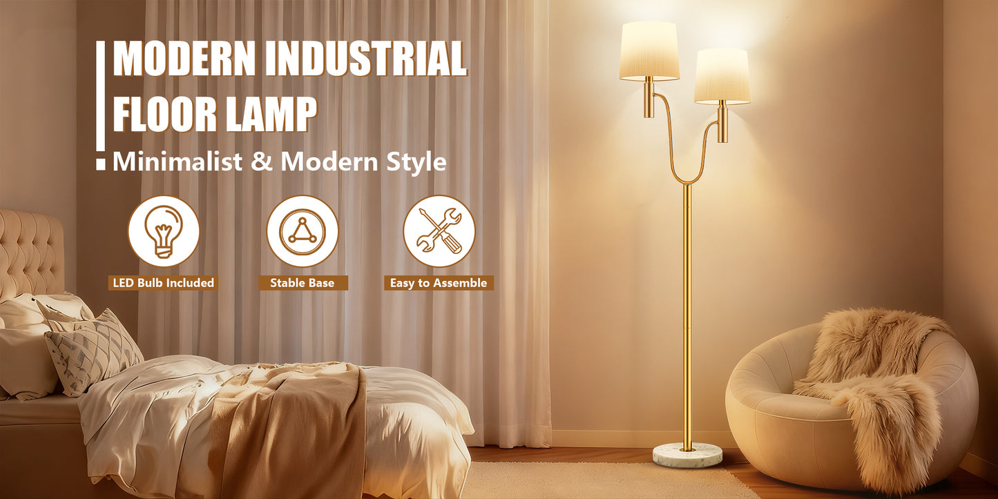 NATYSWAN marble base dual head floor lamp with 2 9W LED bulbs and pedal switch, modern light luxury style, suitable for living room and bedroom