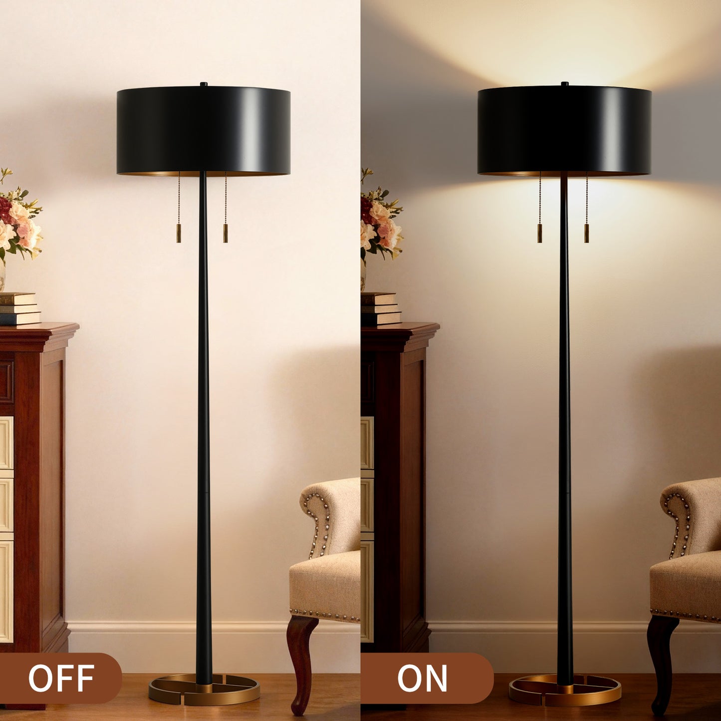 NATYSWAN Modern Black Floor Lamp with Pull Chain Switch, 60-inch Tall Stand Lamp for Living Room & Bedroom, Easy Assembly, Max 100W（Not Included Bulb）