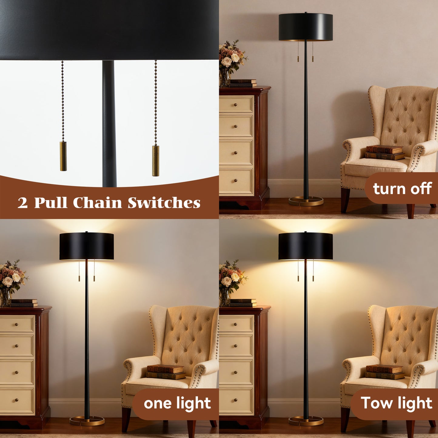 NATYSWAN Modern Black Floor Lamp with Pull Chain Switch, 60-inch Tall Stand Lamp for Living Room & Bedroom, Easy Assembly, Max 100W（Not Included Bulb）