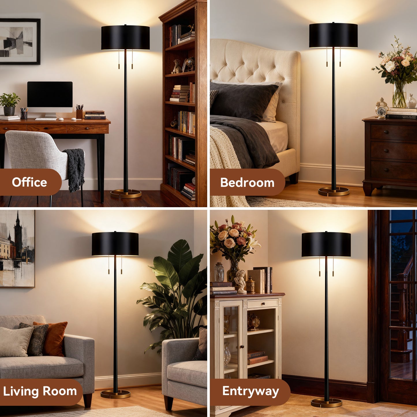 NATYSWAN Modern Black Floor Lamp with Pull Chain Switch, 60-inch Tall Stand Lamp for Living Room & Bedroom, Easy Assembly, Max 100W（Not Included Bulb）
