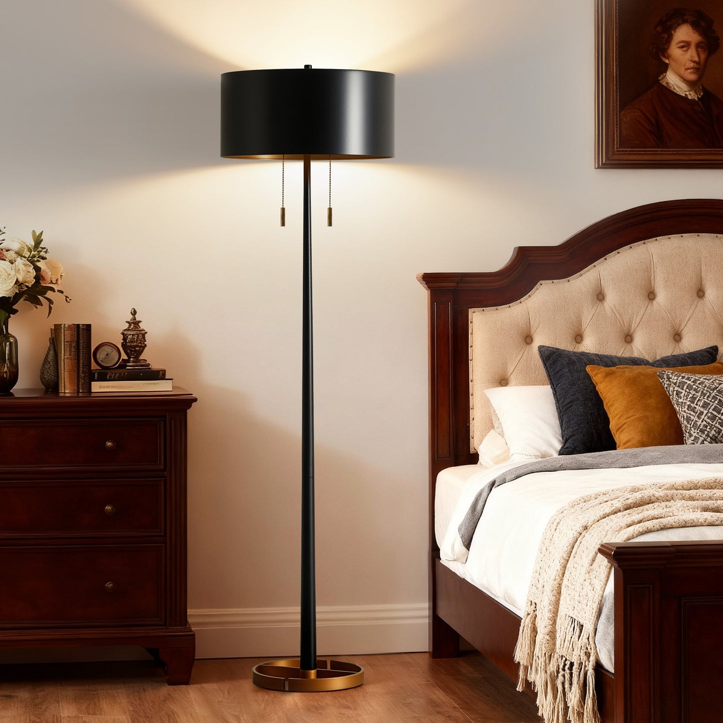 NATYSWAN Modern Black Floor Lamp with Pull Chain Switch, 60-inch Tall Stand Lamp for Living Room & Bedroom, Easy Assembly, Max 100W（Not Included Bulb）