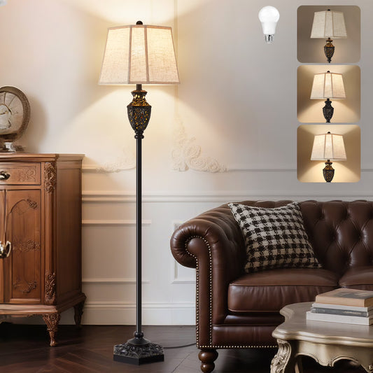 NATYSWAN Vintage Floor Lamp,Resin Tall Standing Lamp with 6-Sided Carved Hollow Nightlight,63in Reading Lamps for Living Room, Bedroom