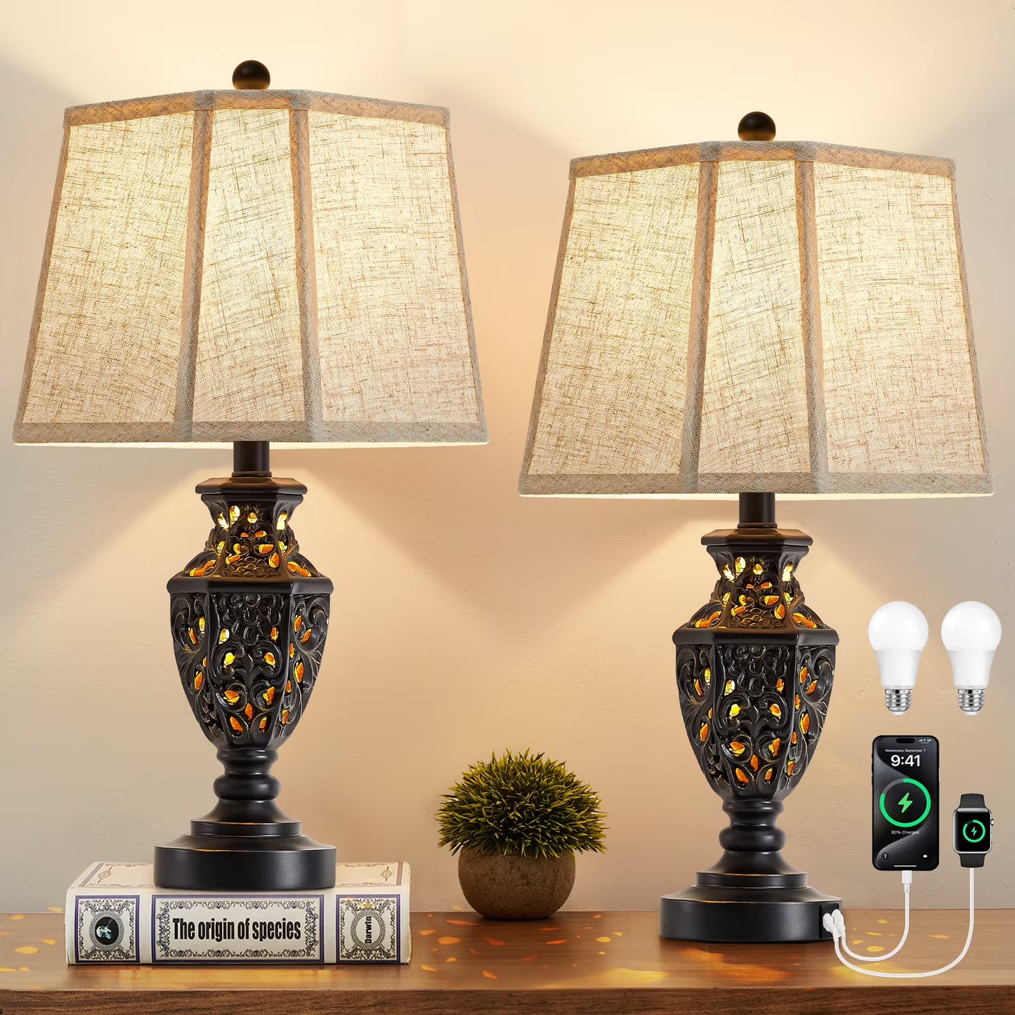 NATYSWAN Table Lamps Set of 2, 23.5"Bedside Lamp with USB A+C and Nightlight, Cream Modern Resin End Lamps for Bedroom Living Room