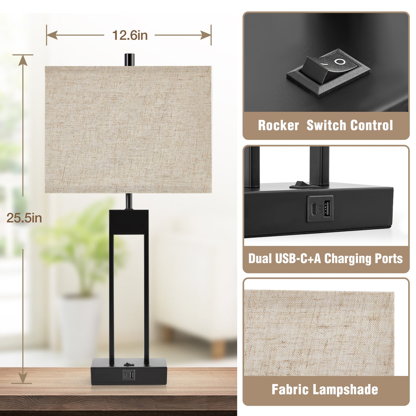 NATYSWAN Modern Table Lamps for Set of 2, USB A+C Charging, 3 Colors Changeable for End Tables, Night Stand Lamps for Bed Side Guest Room Office Reading