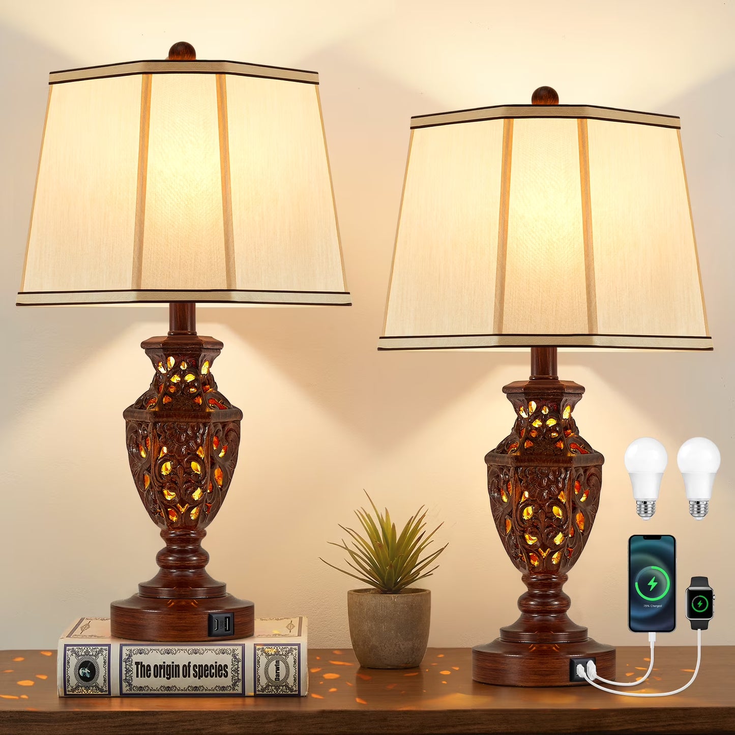 NATYSWAN Table Lamps Set of 2, 23.5"Bedside Lamp with USB A+C and Nightlight, Cream Modern Resin End Lamps for Bedroom Living Room