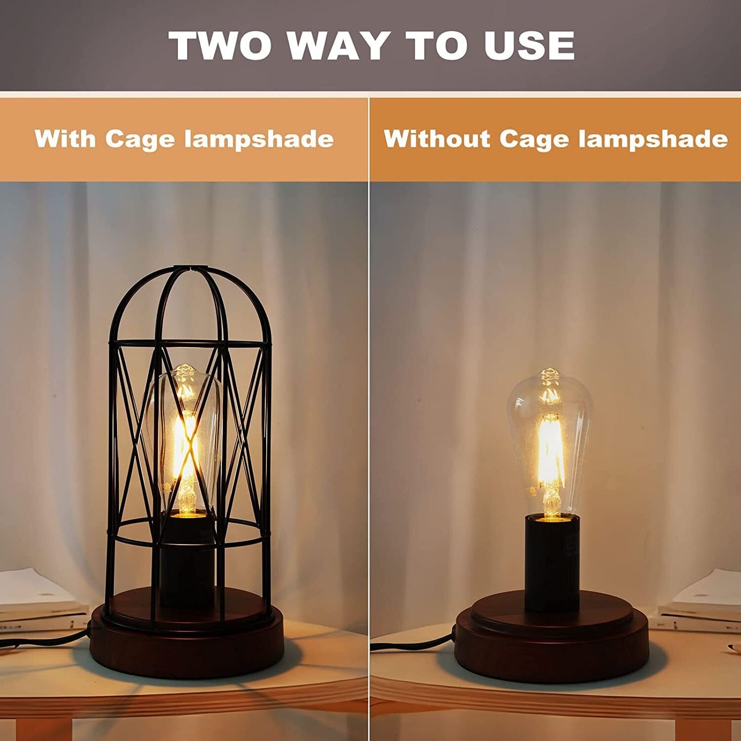 Natyswan Industrial Table Lamp Set of 2, Small Touch Control Edison Desk Lamp 3 Way Dimmable Vintage Bedside Lamp Metal Cage Steampunk for Living Room,Bedroom or Den