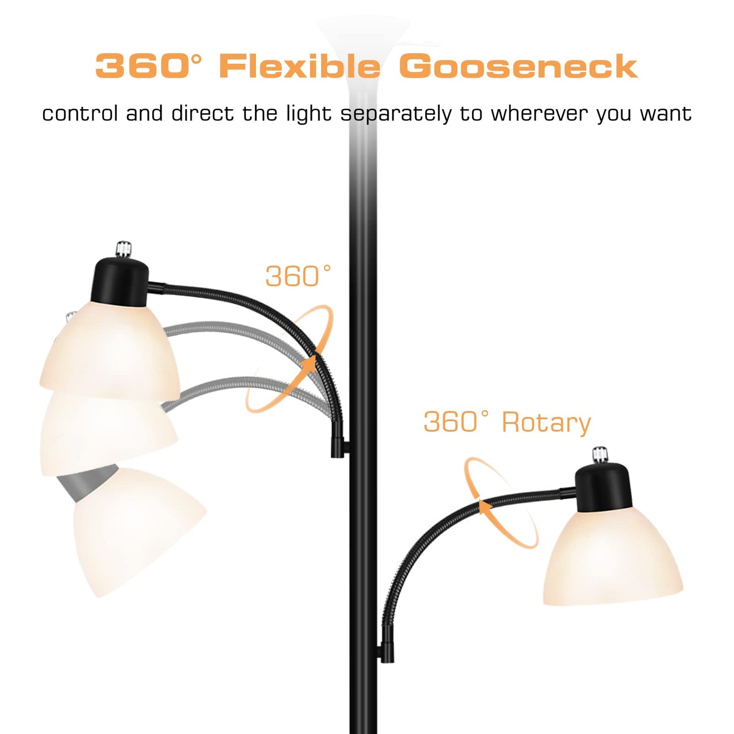 NATYSWAN Floor Lamps for Living Room,Torchiere Floor Lamp with 8W Adjustable Reading Lights, Morden Tall Lamps for Living Room, Bedroom, Office, 3 Bulbs Included